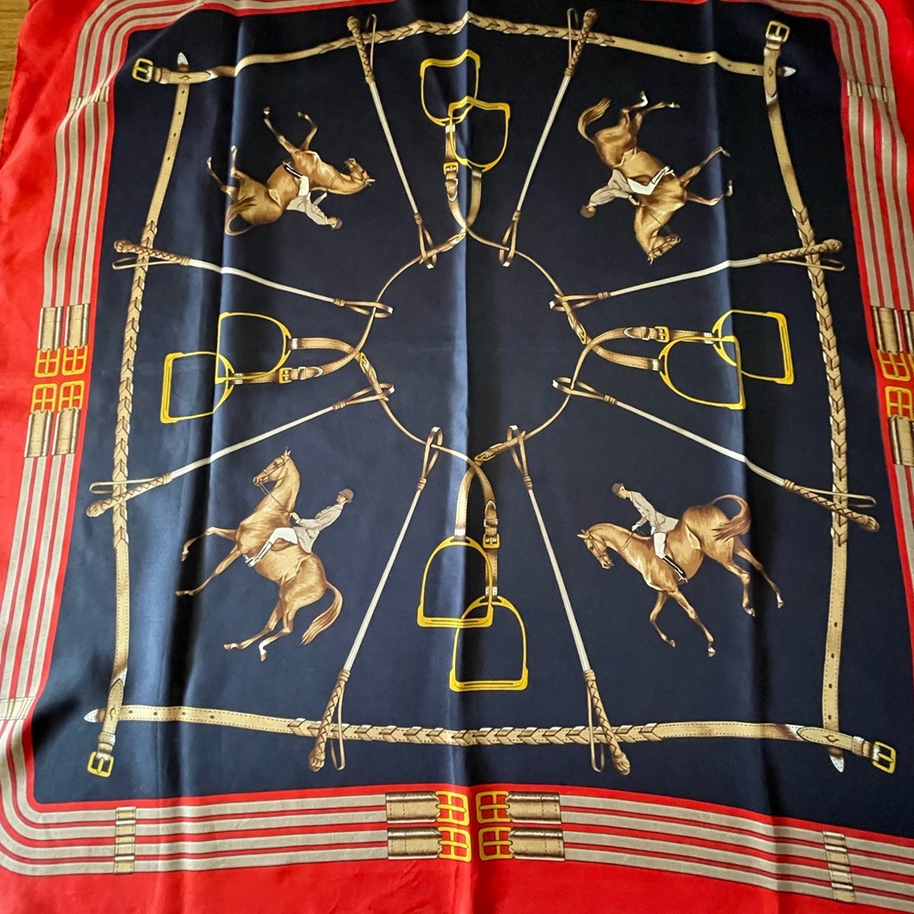 Celine Paris Elegant Navy Blue and Red Equestrian Print silk Scarf.